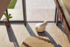 Designer Sessel in Beige in modernem Wohnbereich mit Treppe und Bücherwand