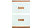 Nahaufnahme der Schubladen des EILERT Massivholz-Sideboards von Whiteoak, mit MDF-Fronten und Holzgriffen