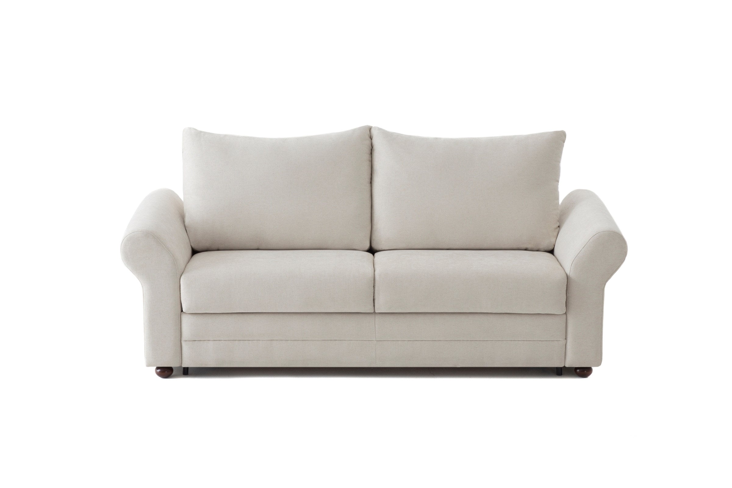 FAIRY Designer Schlafsofa im Landhausstil mit schmaleren Armlehnen und Kissen – Frontansicht