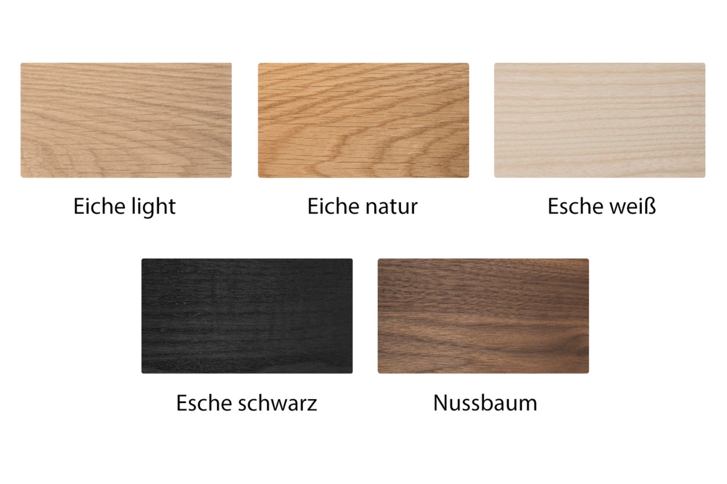 Verschiedene Holzmuster für Möbel: Eiche light, Eiche natur, Esche weiß, Esche schwarz und Nussbaum
