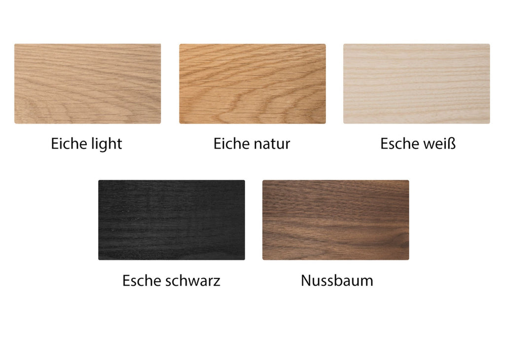 GoEs Holzvarianten: Eiche light, Eiche natur, Esche weiß, Esche schwarz und Nussbaum