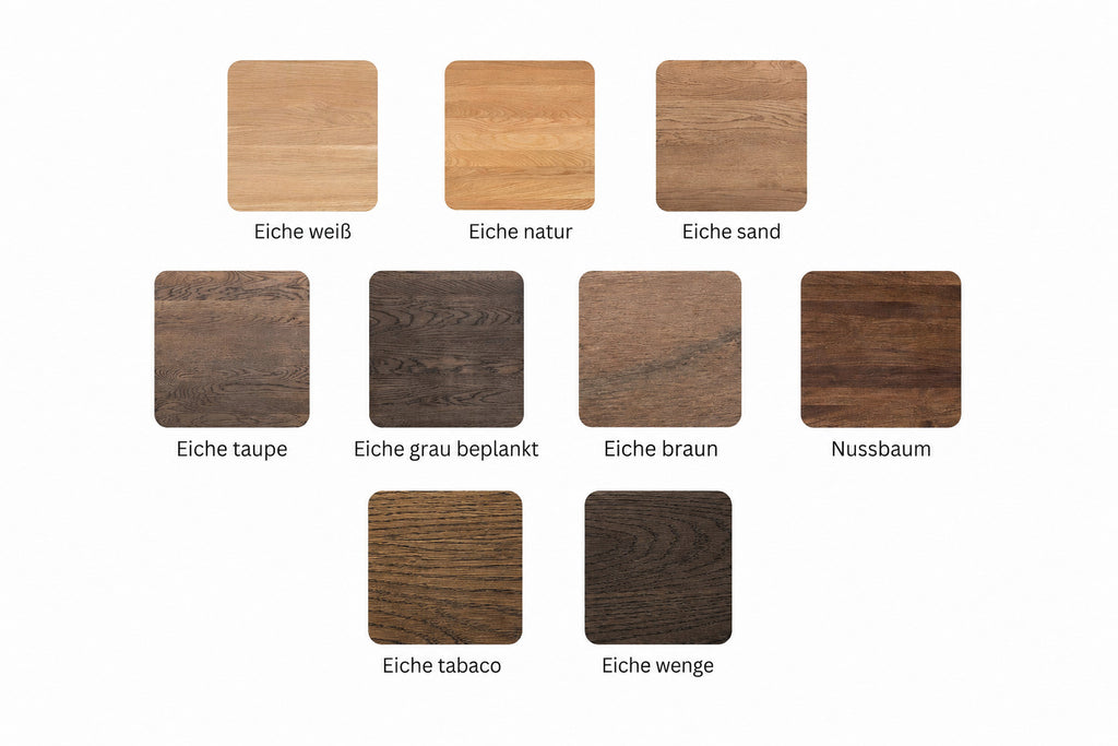 Auswahl an Holzmustern: Eiche weiß, Eiche natur, Eiche sand, Eiche taupe, Eiche grau beplankt, Eiche braun, Eiche tabaco, Eiche wengez und Nussbaum, angeordnet in drei Reihen