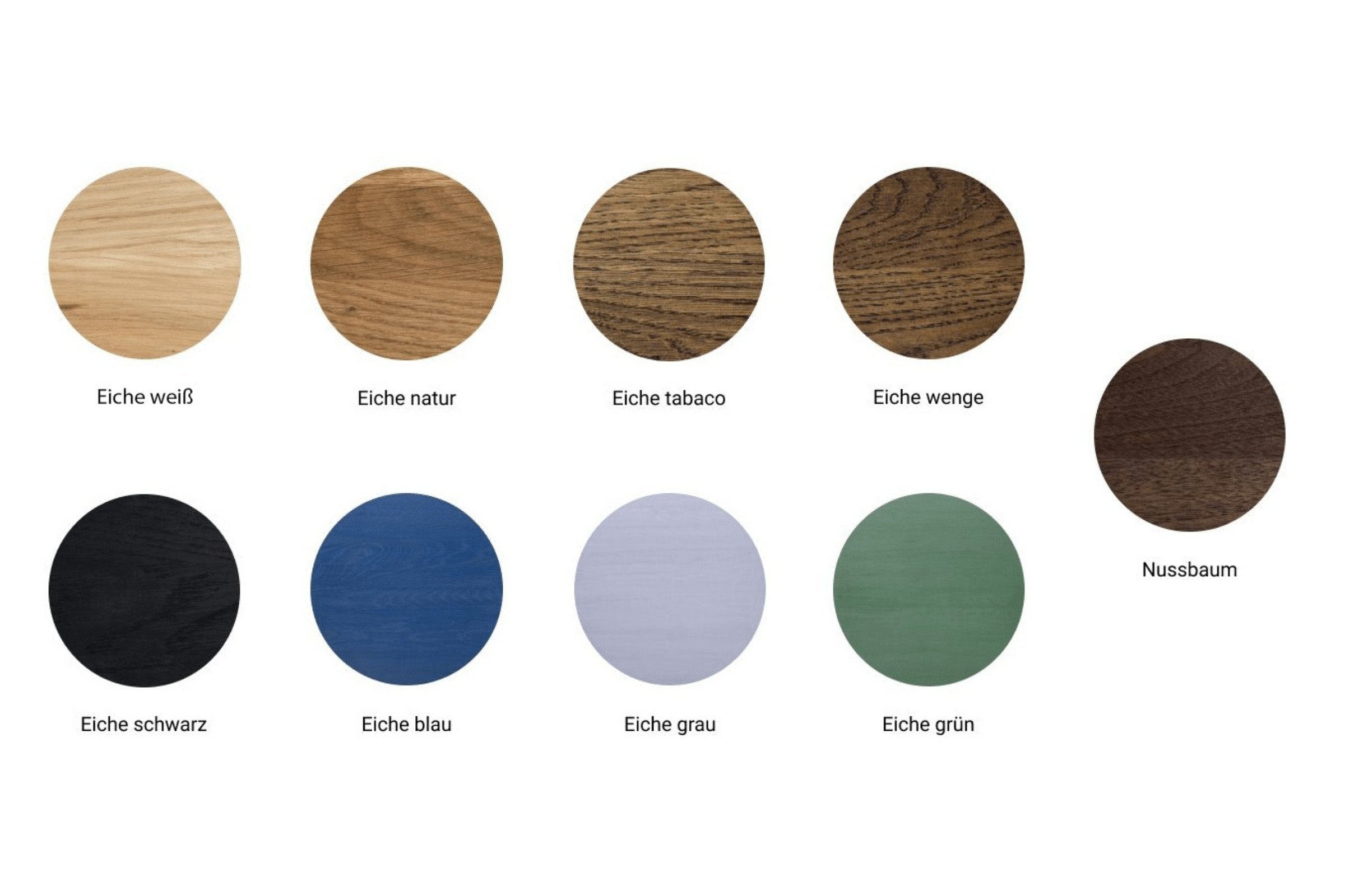 Holzmuster in verschiedenen Ausführungen: Eiche weiß, Eiche natur, Eiche tabaco, Eiche wenge, Eiche schwarz, Eiche blau, Eiche grau, Eiche grün und Nussbaum