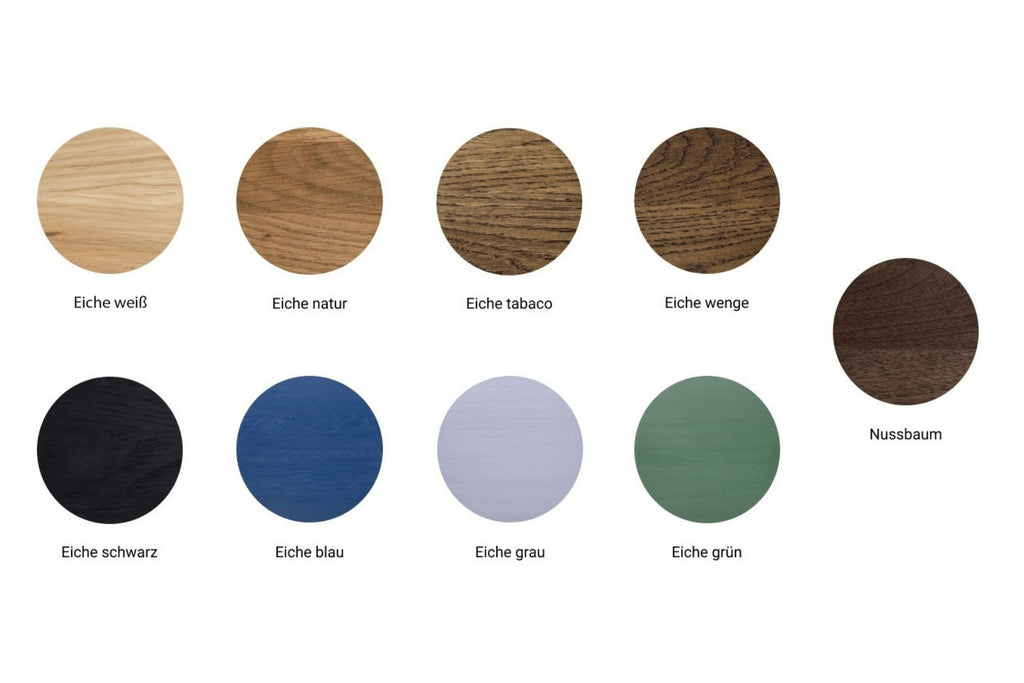 Holzmuster in verschiedenen Ausführungen: Eiche weiß, Eiche natur, Eiche tabaco, Eiche wenge, Eiche schwarz, Eiche blau, Eiche grau, Eiche grün und Nussbaum
