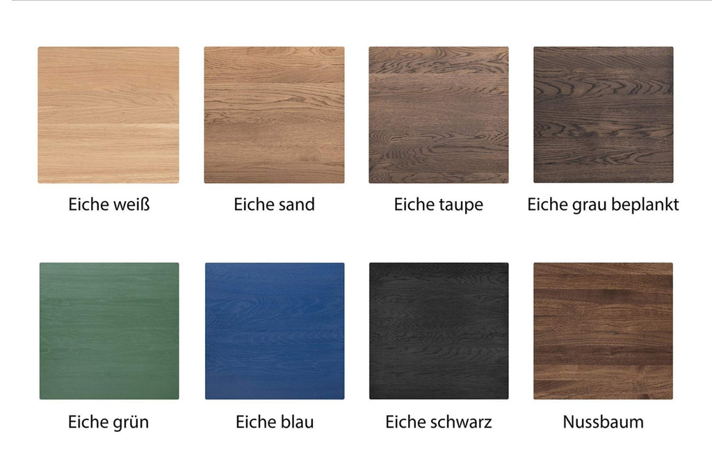 Verschiedene Holzproben mit Beschriftungen ihrer Farbvarianten: Eiche weiß, Eiche sand, Eiche taupe, Eiche grau beplankt, Nussbaum, Eiche grün, Eiche blau und Eiche schwarz