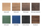 Verschiedene Holzproben mit Beschriftungen ihrer Farbvarianten: Eiche weiß, Eiche sand, Eiche taupe, Eiche grau beplankt, Nussbaum, Eiche grün, Eiche blau und Eiche schwarz