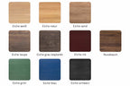 Bild mit Holzmustern: Eiche weiß, Eiche natur, Eiche sand, Eiche taupe, Eiche grau beplankt, Eiche rot, Eiche grün, Eiche blau, Eiche schwarz, Nussbaum