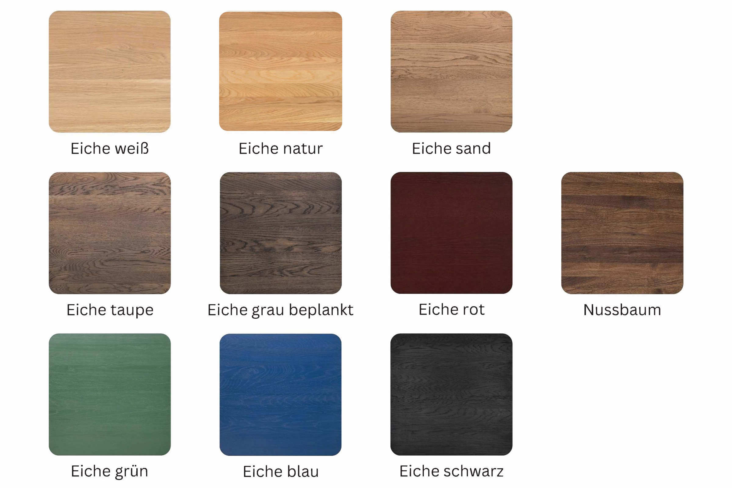 Verschiedene Holzproben mit Beschriftungen ihrer Farbvarianten: Eiche weiß, Eiche natur, Eiche sand, Eiche taupe, Eiche grau beplankt, Nussbaum, Eiche rot, Eiche grün, Eiche blau und Eiche schwarz