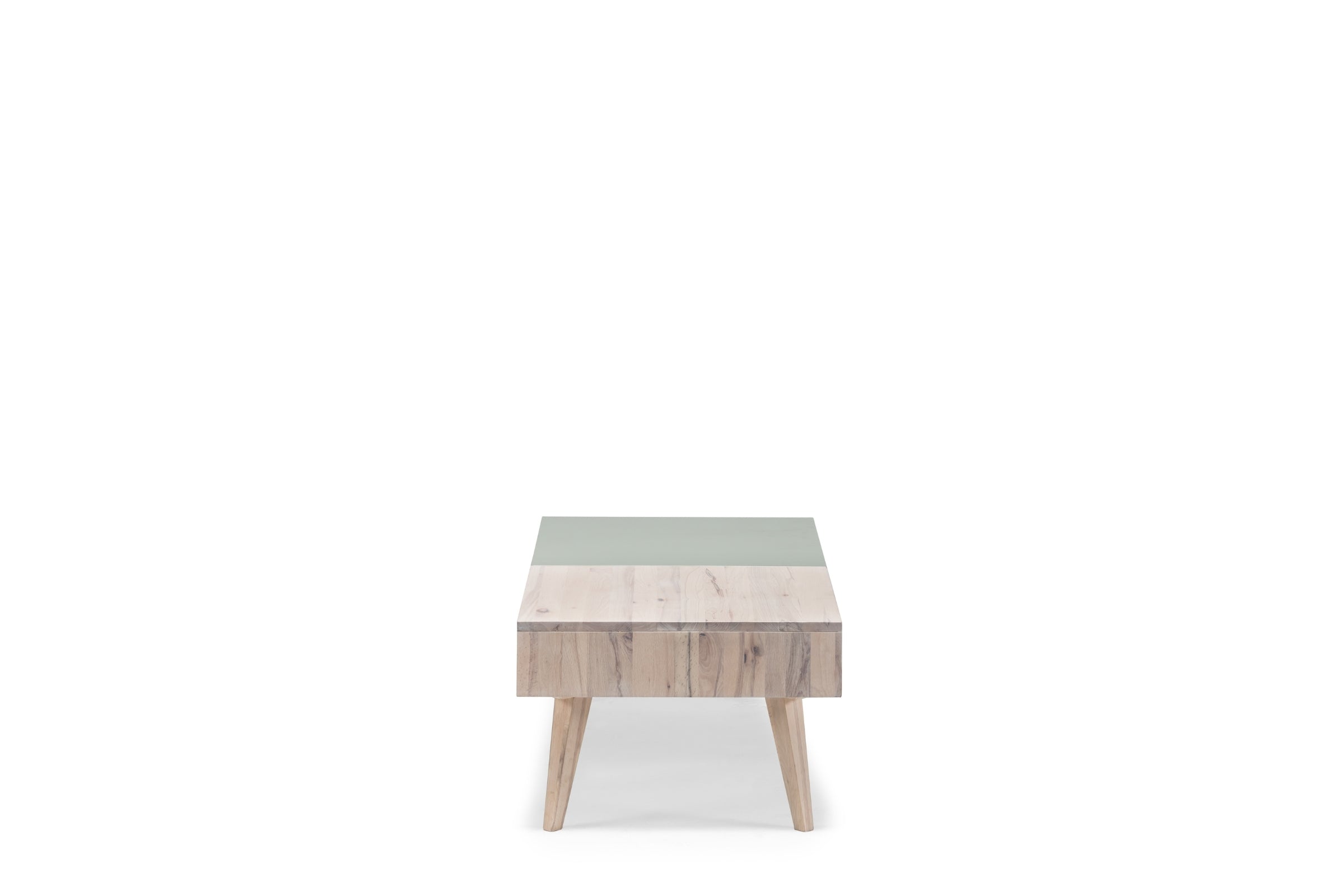 LOTTE Massivholz Couchtisch von Whiteoak, Seitenansicht mit grünem MDF-Element