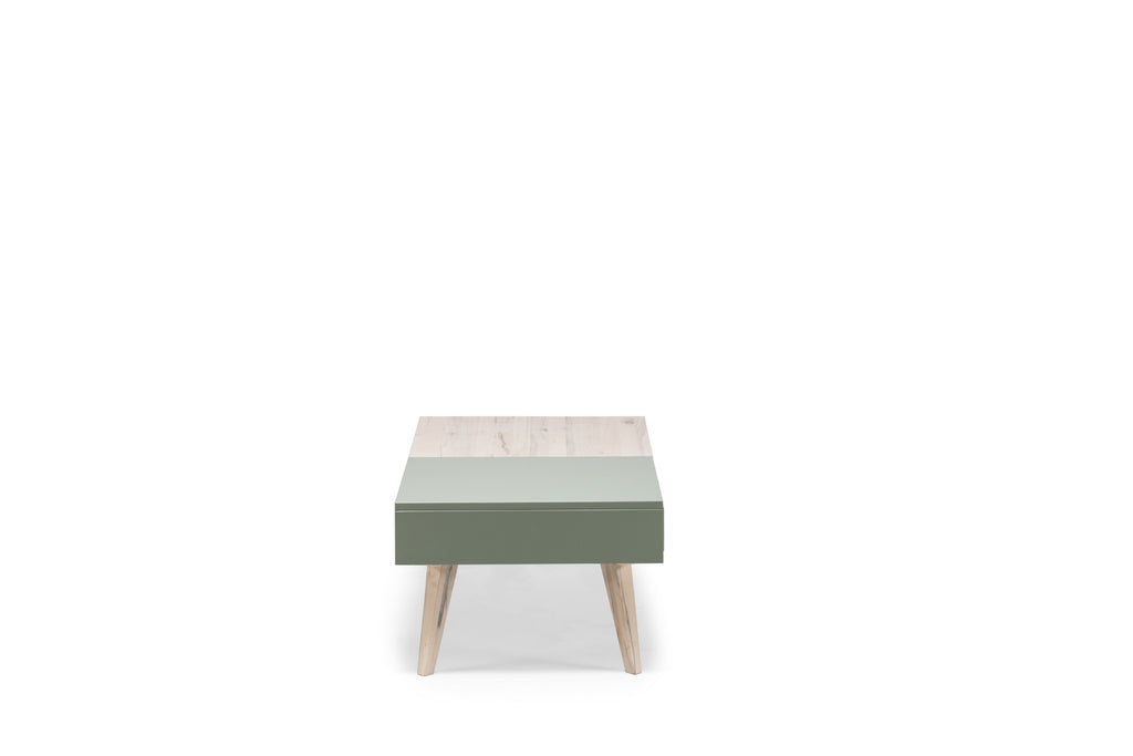 Couchtisch von Whiteoak, Seitenansicht mit grünem MDF-Element