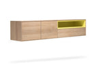 Schrägansicht des RABA Designer Lowboards von Whiteoak in natürlichem Holz mit gelber Nische - SOLIDMADE